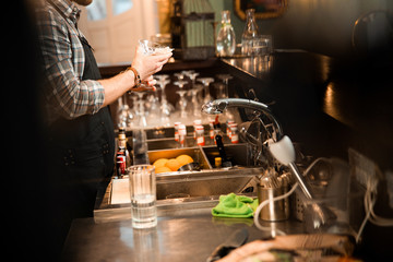 Professional young bartender is wiping a glass
