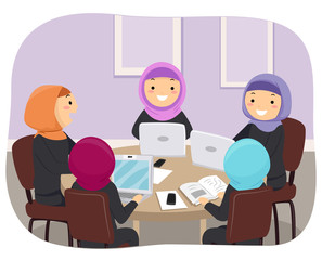 Teens Girls Qatar Group Study Illustration