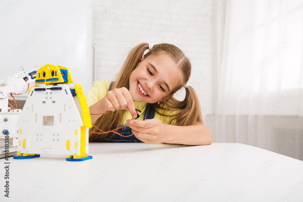 Poster Robot details. Nice girl constructing diy robot