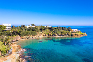 Fototapeta premium The small village with unique beaches and famous resort of Agia Pelagia, Heraklion, Crete, Greece.