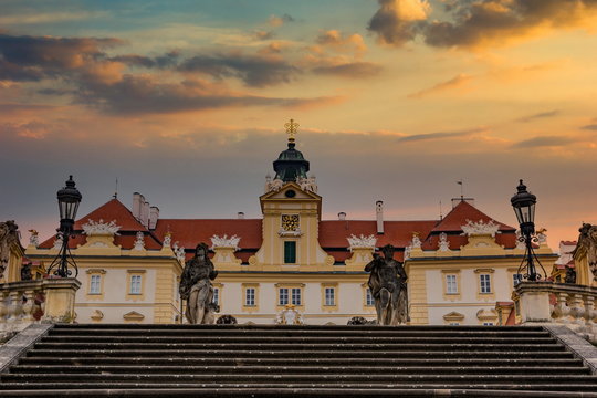 Beautiful castle in Valtice with wonderful sunset sky, South Moravia, popular travel destination in Czech Republic.