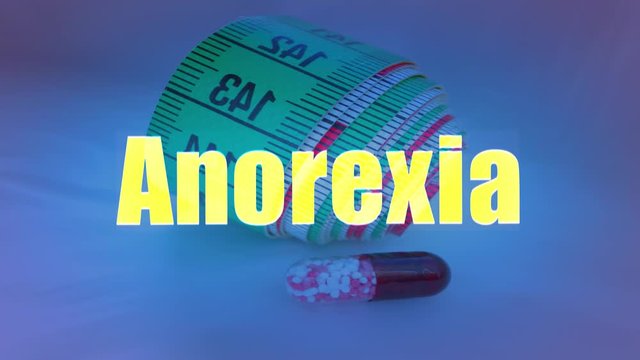ANOREXIA title intro animated with a background of measuring tape and a dieting pill.