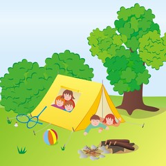 Obraz na płótnie Canvas summer camp, children in tent, funny illustration