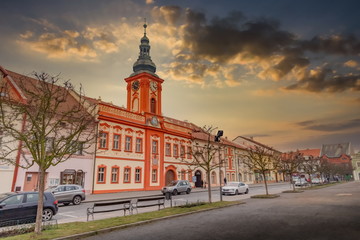 Fototapeta na wymiar Town hall on the central square. Rakovnik, Central Bohemian region, Czech republic.