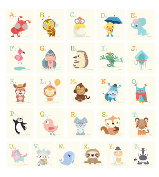 Cute Animals alphabet for kids education. .