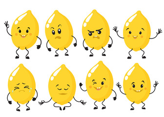 Set of cute, attractive characters of lemons, with emotions joy irritation surprise admiration