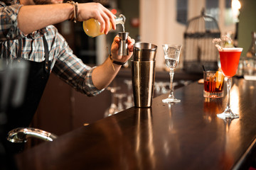 Fototapeta na wymiar Barman holding bottle of alcohol at bar counter