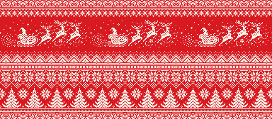 Santa Claus Rides Reindeer Sleigh Silhouette. Christmas Pixel Pattern. Traditional Nordic Seamless Striped Ornament. Scheme for Knitted Sweater Pattern Design or Cross Stitch Embroidery