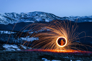 Burning Wirewool being used to make circle like light trails at Night on the Tarcu montain....
