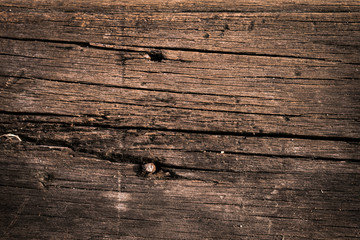 Vintage wood background and wallpaper. Rustic wooden wall texture. Old plank ancient pattern. Antique top table. Textured wooden board for rustic floor, fence or old bridge concepts.