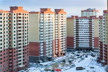 House construction and crane Proletarskay street in Zheleznodorozhny town in Moscow Oblast, Russia....