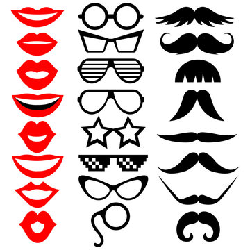 Set of photo booth props: mustache, eyeglasses, lips. Vector illustration