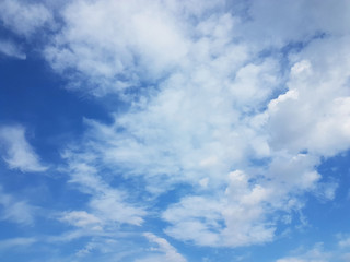 Blue sky with white cumulus clouds on a sunny clear day. Natural background for later design. Prediction of weather on the circulation of water in the atmosphere. Heaven is a symbol of holiness