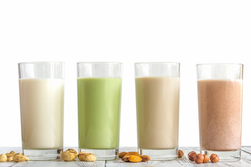 Healthy eating, milk from different kinds of nuts.