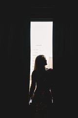 Silhouette of woman in short dress stands near the window.