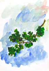 A bright green oak tree branch under blue summer sky, a hand drawn gouache study