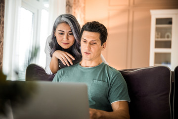 Happy adult couple using laptop in living room