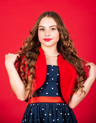 Fototapeta premium Hair cosmetics. healthy strong hair. shampoo for brunette locks. perfect curl. elegant retro kid. vintage fashion lady. child long curly hair. small girl makeup. old school. hair waving and care