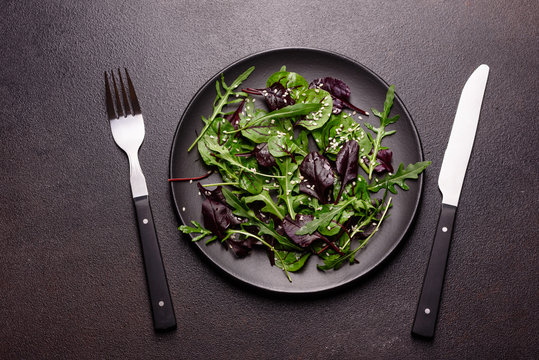 Healthy Food, Salad Mix With Arugula, Spinach, Bulls Blood, Beet Leafs And Micro Greens