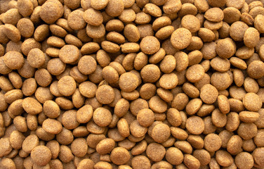 Background of dry dog food. Healthy snack and food.Top view. 