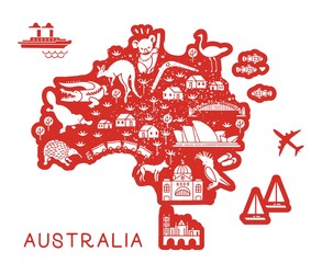 Australia Travel Line Icons Map. Travel Poster with animals and sightseeing attractions.
