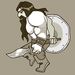 cartoon man medieval warrior with shield and dagger