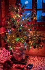 glowing Christmas tree with crib and gifts