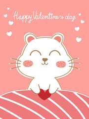 Beautiful greeting card with pastel pink background. White cute dog under pink blanket hold red heart and text Happy Valentines day look so sweet and romantic. Valentine vector art design wallpaper.