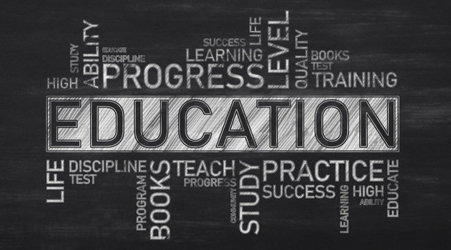 Education Wordcloud With Words On Black Chalkboard Background, Black-And-White