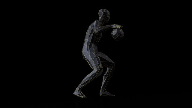 3d render minimalist low poly basketball player with thin gold line on black background.