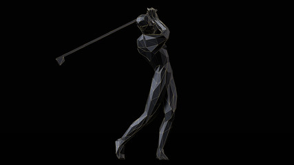 3d render minimalist low poly golf player with thin gold line on black background.