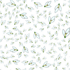 Seamless background with snowdrops. Hand drawn spring sketching flowers. Vector illustration on a white background. Perfect for invitations, cards, prints, flyers, posters.