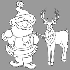 black and white linear drawing, santa claus and deer, isolate on a white background