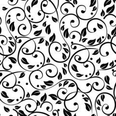 seamless pattern in black and white with curls and plant elements