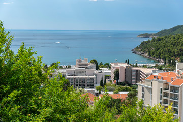 Fototapeta premium Top View Of The Town Of Budva With High Mountains. Montenegro