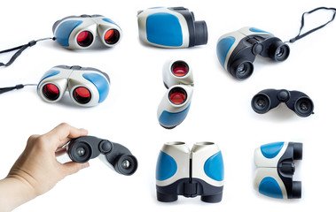 Set of modern theater binoculars Isolated on a white background. Female hand holds binoculars.