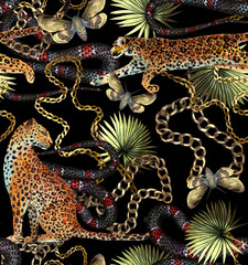  Tropical seamless pattern with chains, leopard, snake and tropical leaves. Baroque luxury background