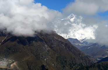 Lhotse  8516m mountain - is 4th higest peak in the world covered with clouds. Hotel Everest View...