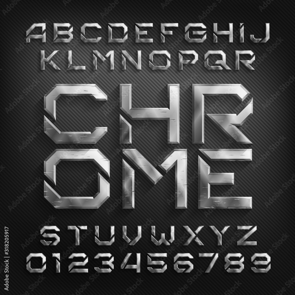 Fototapete damaged chrome alphabet font. scratched beveled metallic letters and numbers with shadow. stock vect