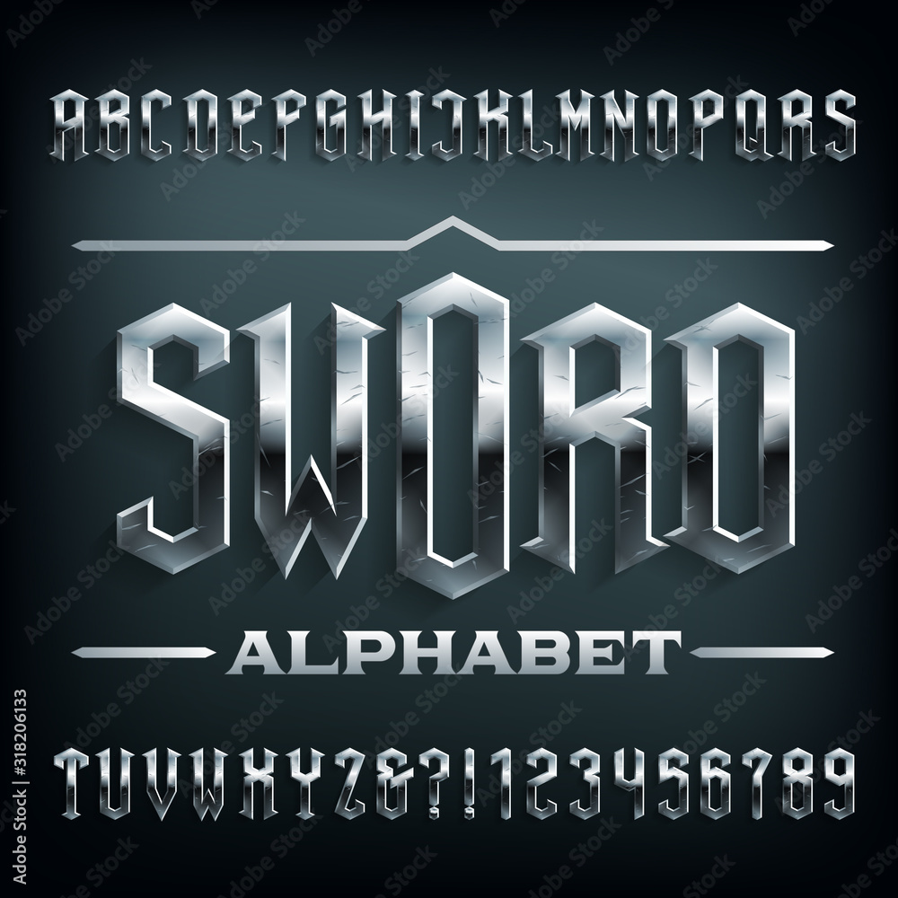 Fototapete sword alphabet font. scratched metal medieval letters. stock vector typescript for your design.