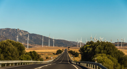 Obraz premium Large group of white wind generators produces alternative energy by wind on the fields in Europe in Spain on the both side of a road with cars