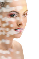 Sexy woman with red lips on white, double multiple exposure effect,combined images