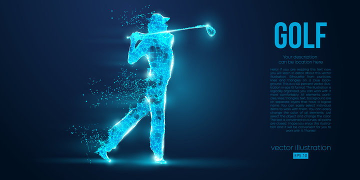 Silhouette of a golf player, golfer from particles on blue background. All elements on a separate layers color can be changed to any other. Low poly neon wire outline geometric. Vector illustration