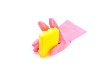 Pink rubber glove holding yellow domestic sponge isolated on a white background. Cleaning service concept.