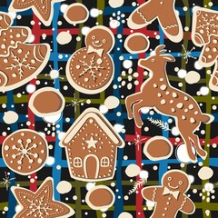 Cute Winter Seamless Pattern with gingerbread cookies.