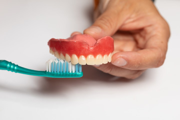 Fototapeta na wymiar Oran hygiene demonstration: Cleaning dental prothesis denture with toothbrush