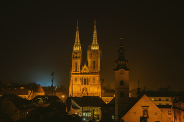 Naklejka premium Zagreb Cathedral and St. Mary's Church in the night. Capital of Croatia, panoramic view