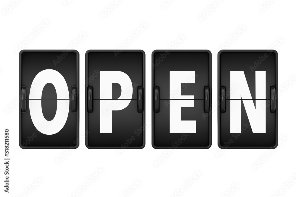 Poster open sign as flip countdown mechanical airport board. 3d rendering