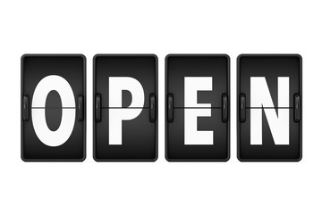 Open Sign as Flip Countdown Mechanical Airport Board. 3d Rendering