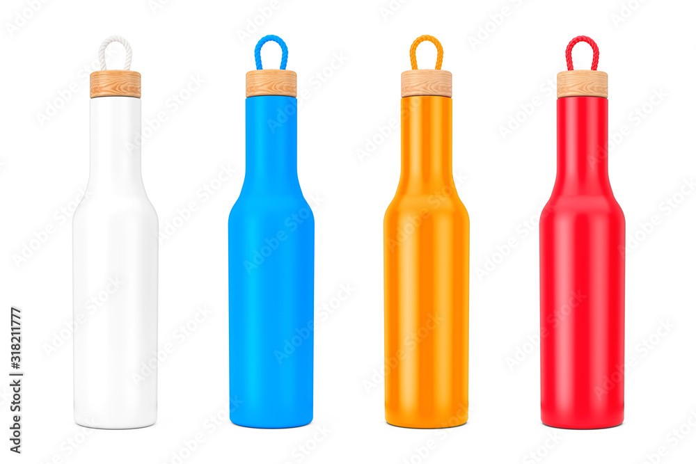 Poster multicolour modern bottle mockup with wooden cap. 3d rendering
